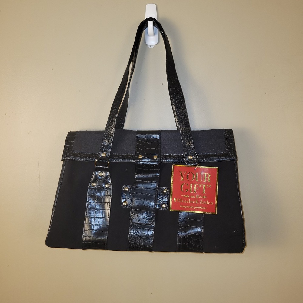 EUC Elizabeth Arden large solid black/gray fabric and faux leather (PVC) tote